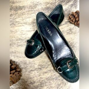 Prada loafers in dark green patent leather with silver buckle detailing SZ 36